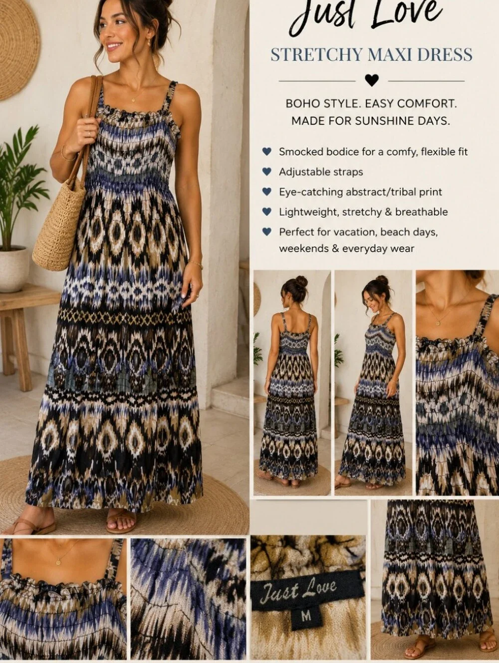 Women's Smocked Maxi Skirt Dress in Blue, Black & Cream